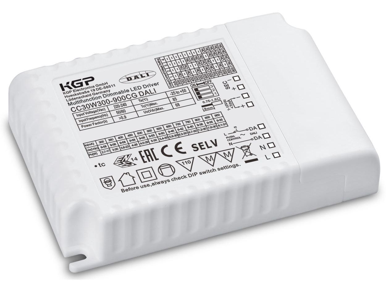 CC30W300-900CG DALI Push und 1-10V, 2,7-30W 300-900mA 9-58V DC, LED Treiber Konstantstrom mit Zugentlastung DALI dimmbar 1-10V dimmbar Push dimmbar mittels handelsüblichem Taster V