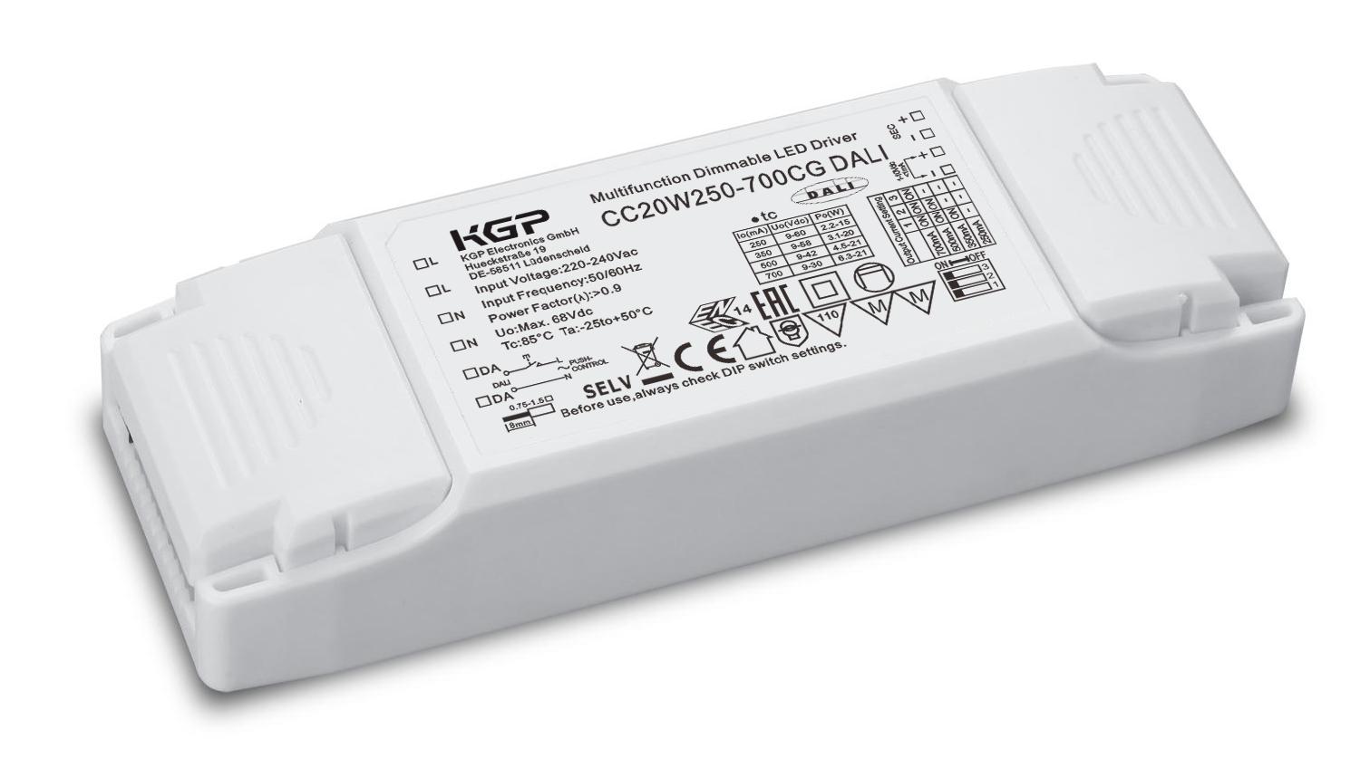 CC20W250-700CG DALI, 20W 250-700mA 26-42V DC, LED Treiber Konstantstrom DALI dimmbar, mit Zugentlastung DALI dimmbar 1-10V dimmbar mittels Taster (Push) dimmbar LxBxH:78x40,5x22mm