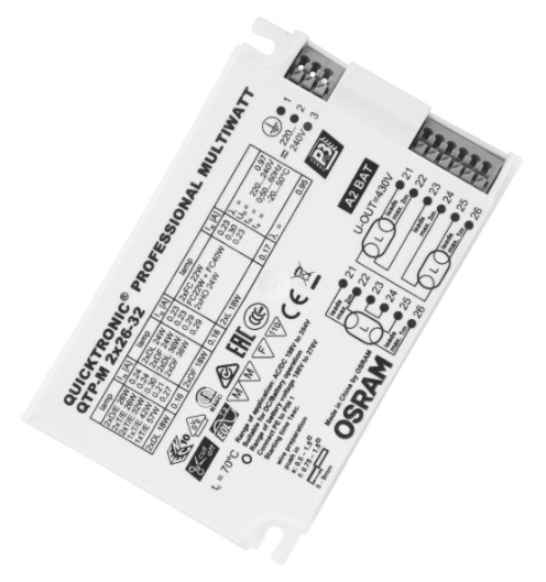 QTP-M 2x26...32 / 220-240 S elektronisches Vorschaltgerät EVG für 2 Lampen 2x 22W T9 2x 22W T5-c; 1x22W + 1x40W T5c 2x 26W TC-DEL 2x 18W, 2x 24W, 2x 36W TC-F 2x 18W; 2x 24W; 2x