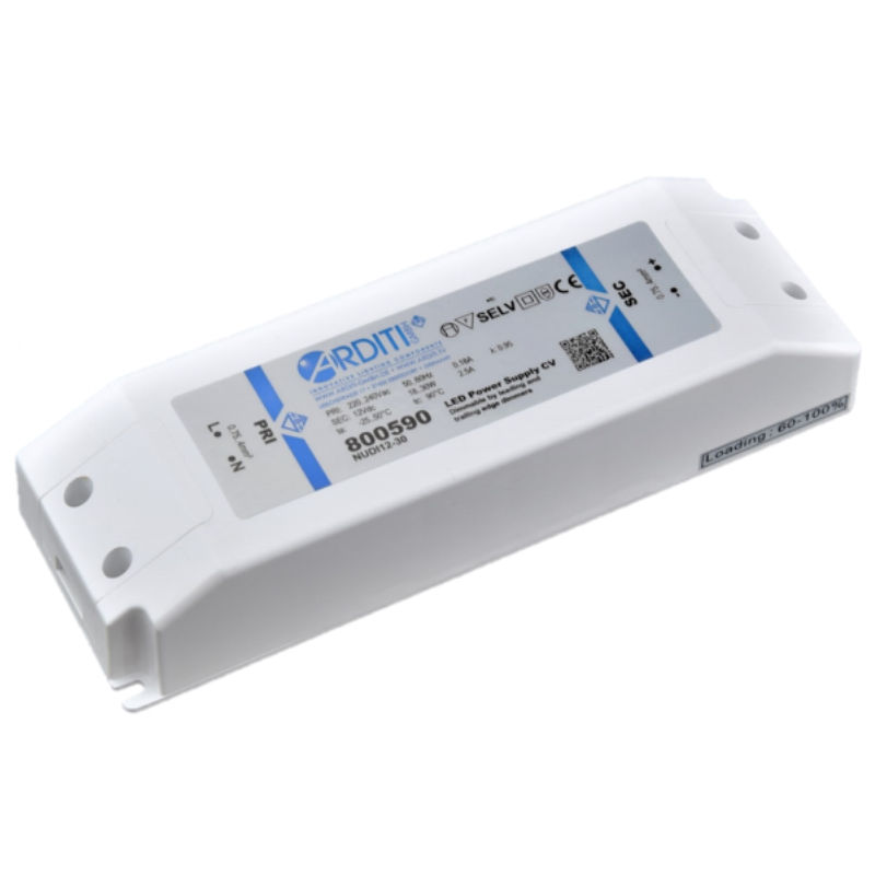 NUDI12-30 LED Konstantspannungstreiber 12V / 30W Dimmbar Netzspannung: 220 – 240V; Frequenz: 50/60 Hz Leistung: 18-30W Ausgangsspannung: 12V DC Dimmbar über Phasenan-/abschnitt