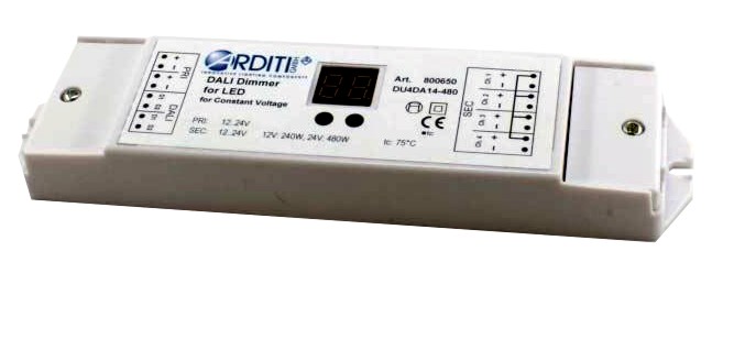LED Dimmer 4 Kanal für Konstantspannung 12V -24V DU4DA14-480 Ansteuerung nur durch DALI, 4 Kanäle mit aufeinanderfolgenden Adressen, einstellbar: - einen Knopf lange drücken bis Anzeige blinkt (Ad