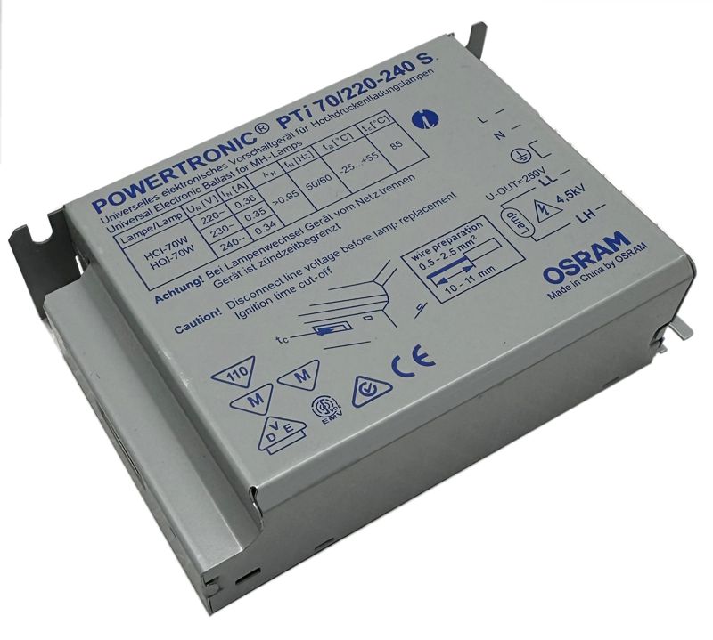 PTi 70/220…240 S EVG ohne Zugentlastung für 1x70W Metalldampflampen Osram Powertronic 70W EVG für Leuchteneinbau Metallgehäuse :110x75x30mm Kompakte Abmessungen und geringes Gewicht für fi