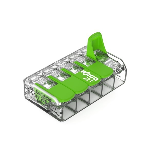 WAGO 221-425 COMPACT nachhaltige Verbindungsklemme für alle Leiterarten; 5-Leiter-Klemme mit Betätigungshebeln Lieferung enthält 1 Box mit 25 Stück - Preisangabe / 25 Stück  max. Umgebungstemp WAGO 221-425 COMPACT nachhaltige Verbindungsklemme für alle Leiterarten; 5-Leiter-Klemme mit Betätigungshebeln Lieferung enthält 1 Box mit 25 Stück - Preisangabe / 25 Stück  max. Umgebungstemp