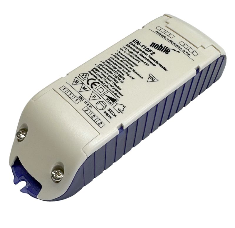 EN-110 F2 Nobile elektronischer Trafo  35-110VA 12V AC, mit Schraubklemmen Prim. und Sek. seitig 230V seitig durchverdrahtbar 12V seitig mit 3 Klemmenpaaren für den direkten Anschluß von 3 EN-110 F2 Nobile elektronischer Trafo  35-110VA 12V AC, mit Schraubklemmen Prim. und Sek. seitig 230V seitig durchverdrahtbar 12V seitig mit 3 Klemmenpaaren für den direkten Anschluß von 3