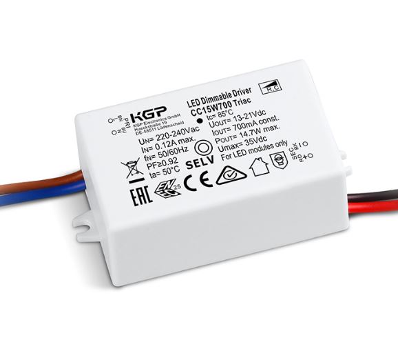 CC15W350 LED-Treiber Phasendimmbar (TRIAC) 9,45-14,7W 350mA 27-42V DC 50/60Hz Konstantstrom LED-Treiber Dimmbar über PhasenAN- / ABschnitt (TRIAC) Primär und sekundär mit Anschlußleitu