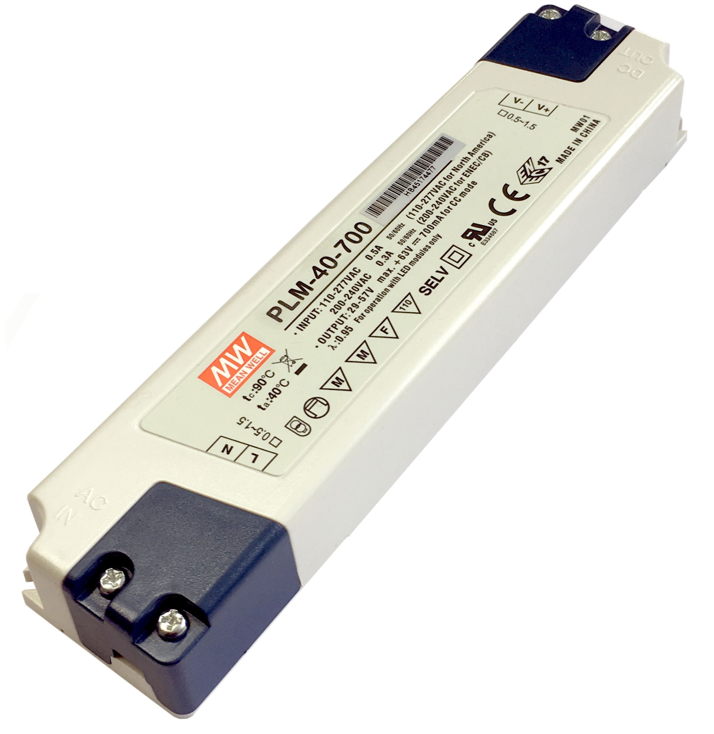 Meanwell LED Konverter 40W 1750mA Konstantstrom, Ausgangsspannung 12-23V DC, Eingangsspannung 110-295V, mit Zugentlastung, ENEC, UR us, CCC