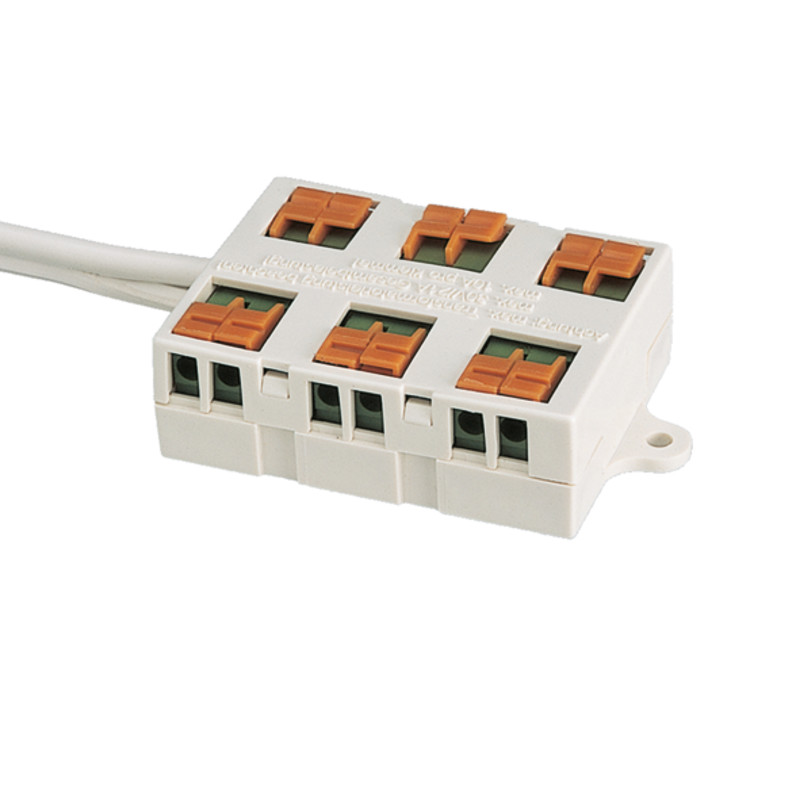 Verteiler 6-fach mit Federsteckklemmen, mit 12cm Kabel, LxBxH: 52x28x15mm, max. 50W / Klemme, Spannung 12-30V  Verteiler 6-fach mit Federsteckklemmen, mit 12cm Kabel, LxBxH: 52x28x15mm, max. 50W / Klemme, Spannung 12-30V