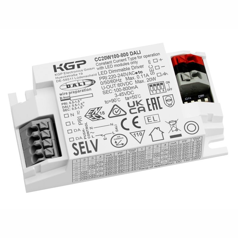 CC20W100-800 DALI 3-45V DC, LED Treiber Konstantstrom ohne Zugentlastung DALI 2 dimmbar mittels Taster (Push) dimmbar LxBxH: 75x40,5x22mm Strom in 50mA Schritten mittels DIP Schalt