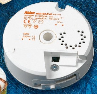 Relco RN1100 MiniBravo Elektronischer Trafo 20-70W RUND mit Mittelloch Ø10,5mm, Klemme zum anschliessen
