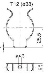 Metallhalteclip für T12 Leuchtstoffröhren (38mm); zum Anschrauben, ohne Schrauben