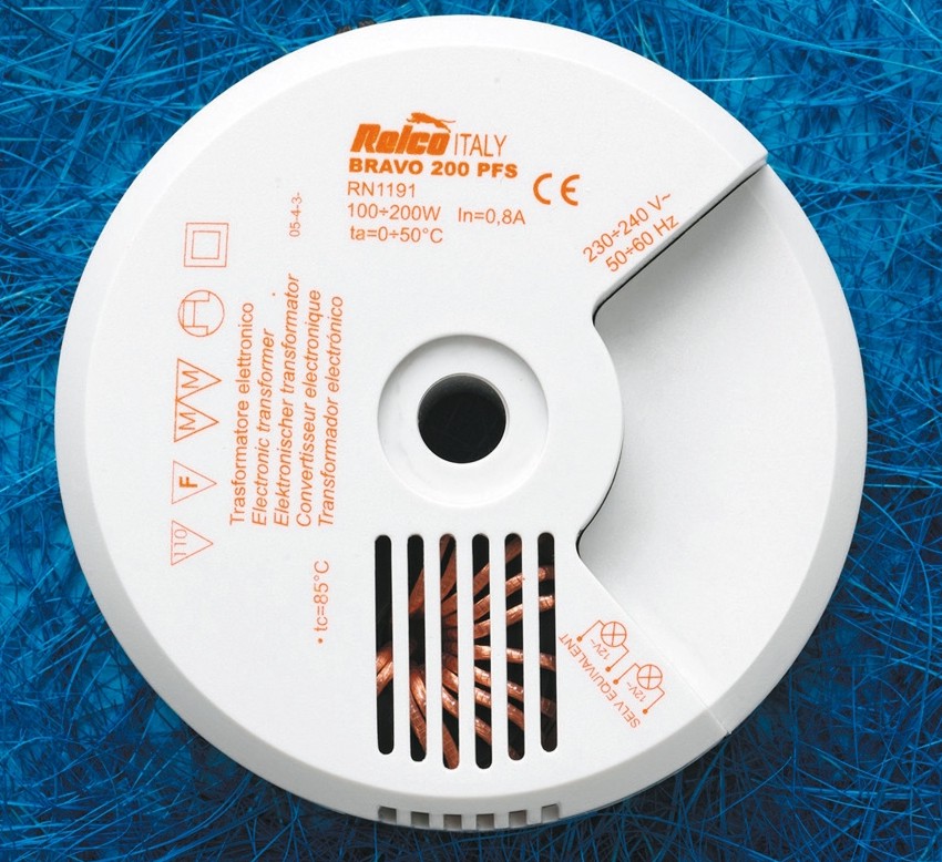 Relco RN1191 Elektronischer Trafo RUND 100-200W mit Mittelloch Ø10mm, 230V auf 12V, Klemme