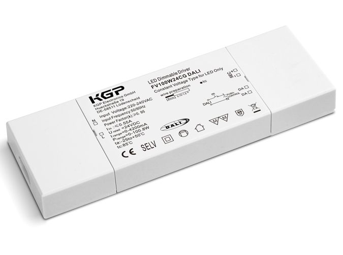FV 100W 24 CG DALI 2 LED Konstantspannungstreiber Compact FLACH „DALI 2 + Push“ 24V DC / 0 - 100 Watt Dimmbar DALI 2 oder mit Taster (Push) Dimmbereich typisch zwischen 1-100% (abhängig vom Di