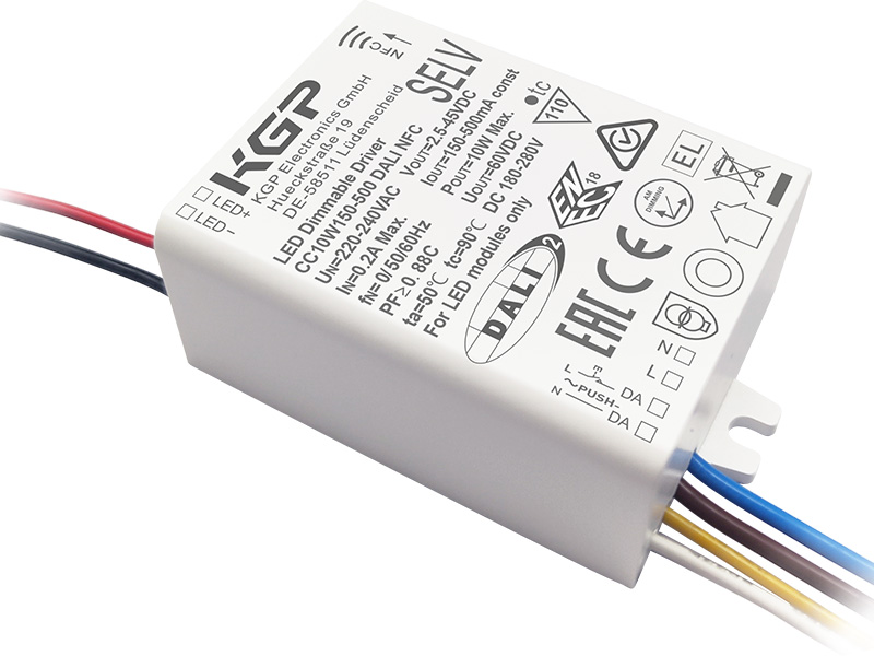 CC10W150-500 DALI NFC, 2,5-45V DC, LED Treiber Konstantstrom DALI dimmbar Dimmbar: DALI2 / Touch Dim Ausgangsstrom von 150mA - 500mA (in 1mA Schritten) per NFC mit Apple Iphon neuerer Gene