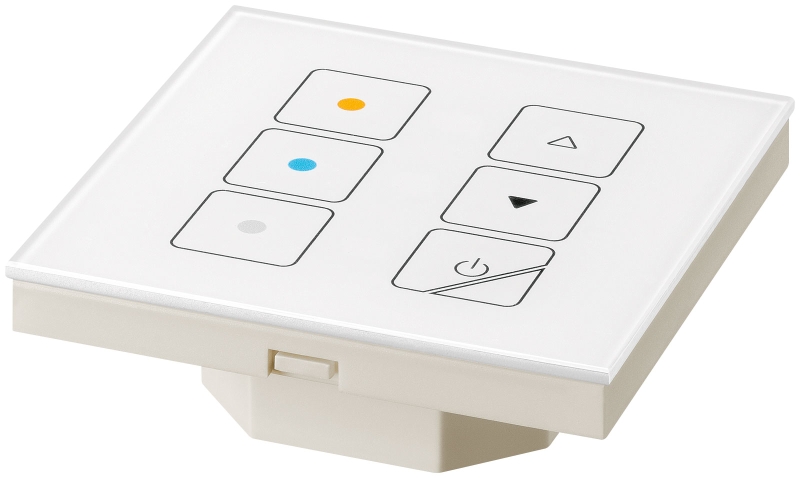 DALI Touchpanel Basic TW Mehrere Steuermodule in einem DALI-System möglich Einstellung der DALI-Leuchtengruppe über den „Group“-Drehwahlschalter Hochwertiges Erscheinungsbild mit echte