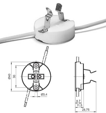 Fassung Gy9,5 KERAMIK, für Metalldampflampen 10A 250V -5kV T240, zum Anschrauben, Silikonlitze 1mm² - 300mm Fassung Gy9,5 KERAMIK, für Metalldampflampen 10A 250V -5kV T240, zum Anschrauben, Silikonlitze 1mm² - 300mm
