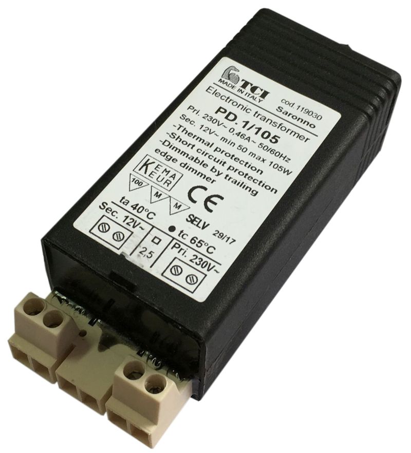 TC-PD.1 105 Elektronischer Einbau Trafo 50-105W 230V auf 12V AC, Vergossen vergossenes Gehäuse offene Anschlussklemmen Mit M8 Gewindestift 10mm lang am Ende  LxBxH: 98x40x30mm 