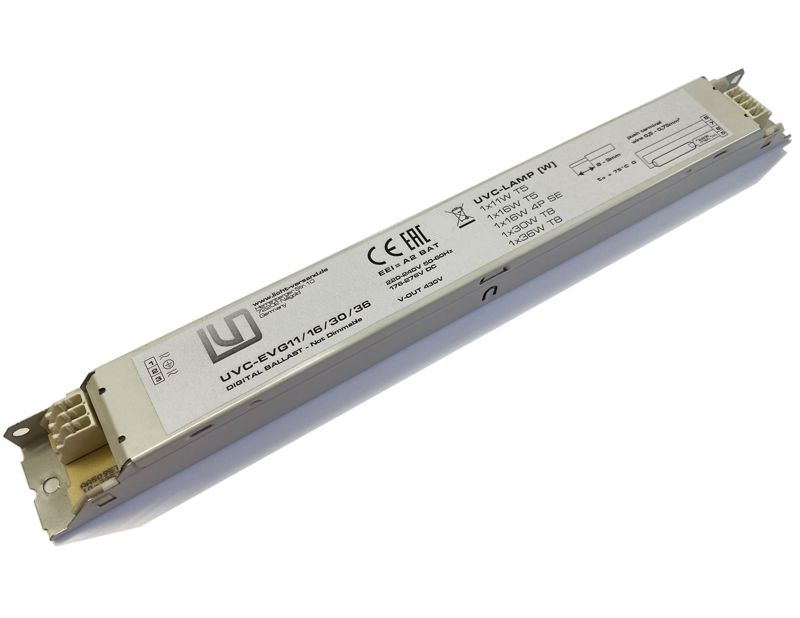 UVC-EVG11/16/30/36 EVG (elektronisches Vorschaltgerät) für UVC Röhren 1x11W T5, 1x16W T5, 1x16W 4P SE, 1x30W T8, 1x36W T8 280x30x21mm UVC-EVG11/16/30/36 EVG (elektronisches Vorschaltgerät) für UVC Röhren 1x11W T5, 1x16W T5, 1x16W 4P SE, 1x30W T8, 1x36W T8 280x30x21mm