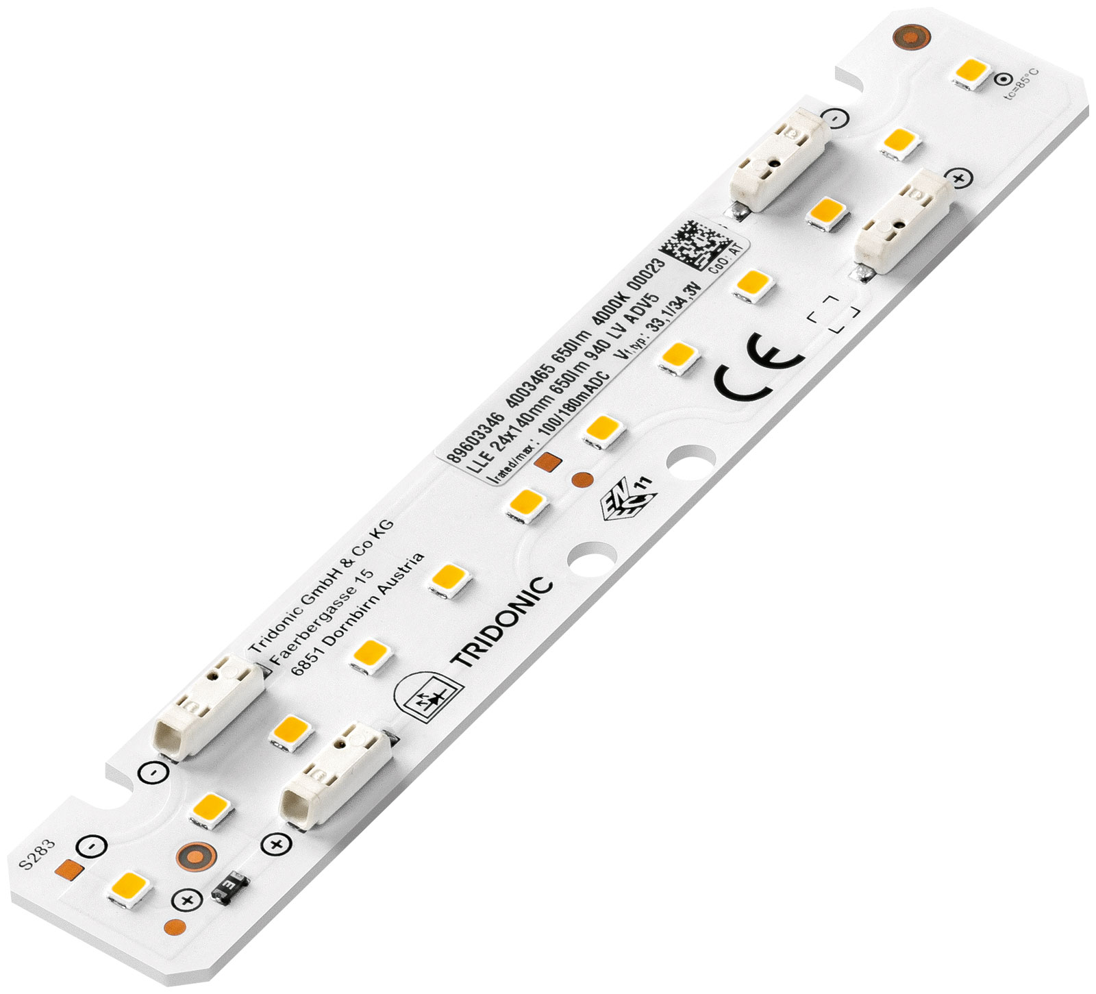 LLE 24x140mm 650lm 927 LV ADV6 LED Linear Modul Abmessung: 139x23,6x5,5mm Farbtemperatur: warmweiss / 2700K260lm - 1,5W - bei 50mA - 31,8V 528lm - 3,2W - 100mA - 32,7V 857lm -