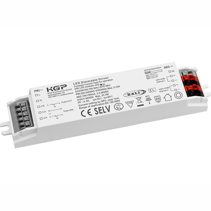 CC23W100-700 DALI DT8 NFC 2,5-46V DC, LED Treiber Konstantstrom ohne Zugentlastung DALI2 / Touch Dim / Push Dim LxBxH: 128x30x21mm Ausgangsstrom von 100-700mA via NFC einstellbar V