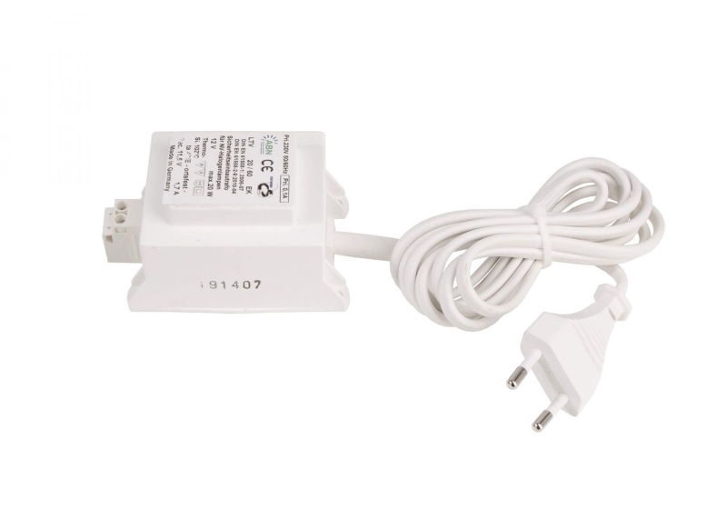 Sicherheitstrafo Blocktrafo 105W 12V (11,5V AC) weiss, IP67 Elektro-magnetisch Sekundärspannung: 11,5V AC Dimmbar Pirmär und sekundärseitig mit angegossenem Kabel 108x81x66mm 